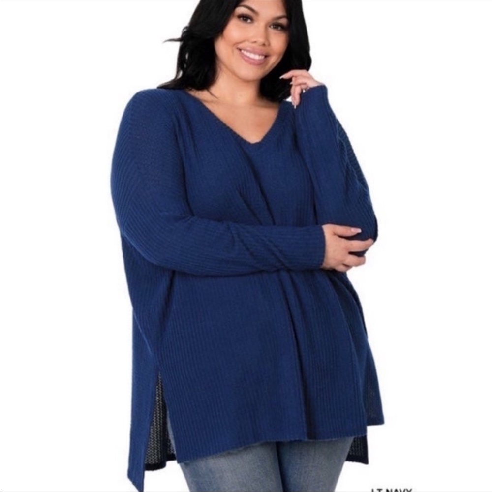 ZENANA Oversized Brushed Thermal Waffle Knit V-neck Sweater